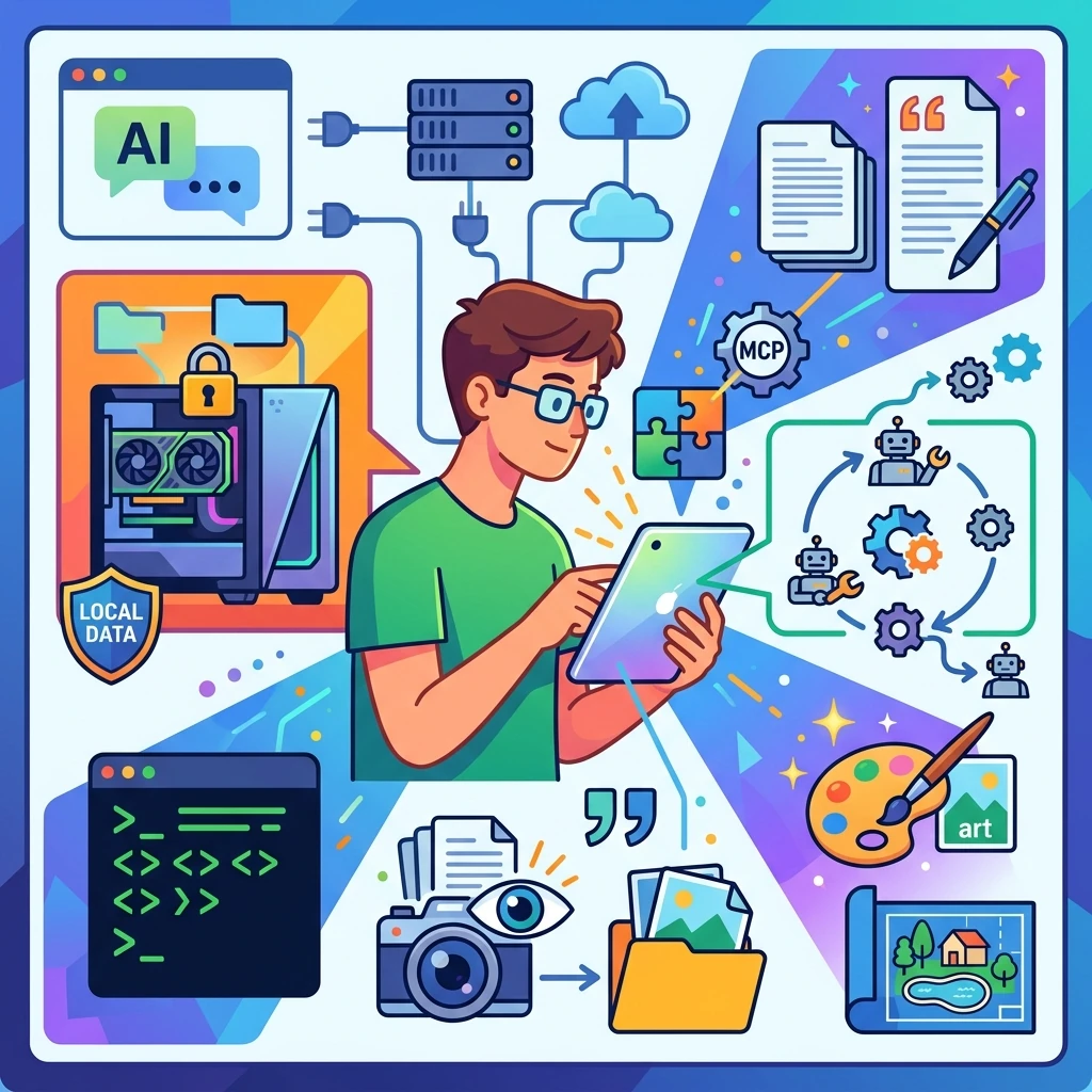 Illustration of AI workflows connecting local data, agents, MCP, image generation, APIs, and project files