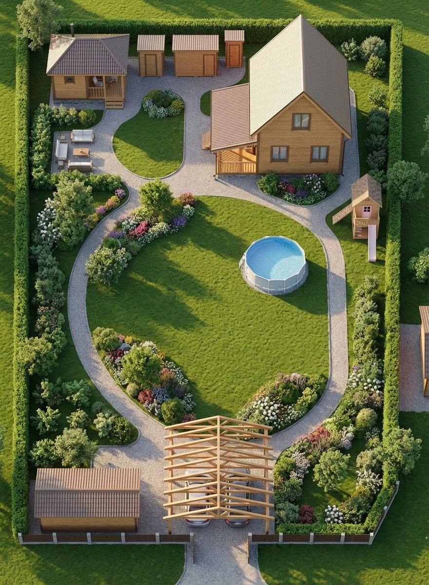 AI visualization variant with circular route, lawn, pool, and planted perimeter