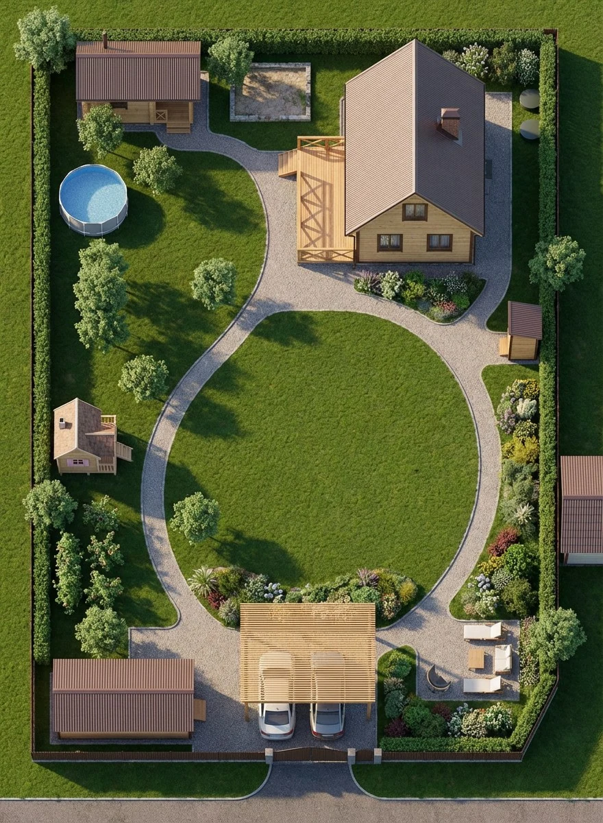 AI visualization variant with large circular lawn and compact pool zone