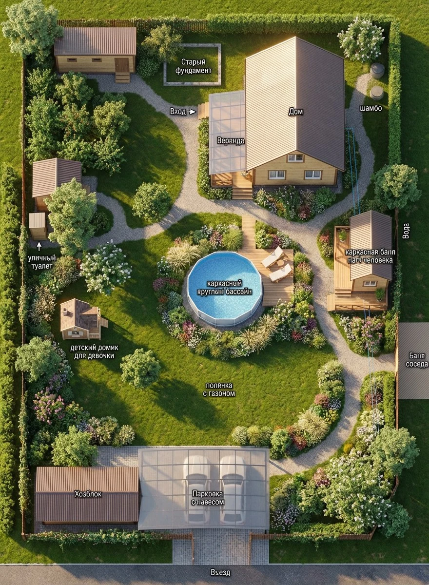 AI visualization variant with pool in the center and dense planting rooms