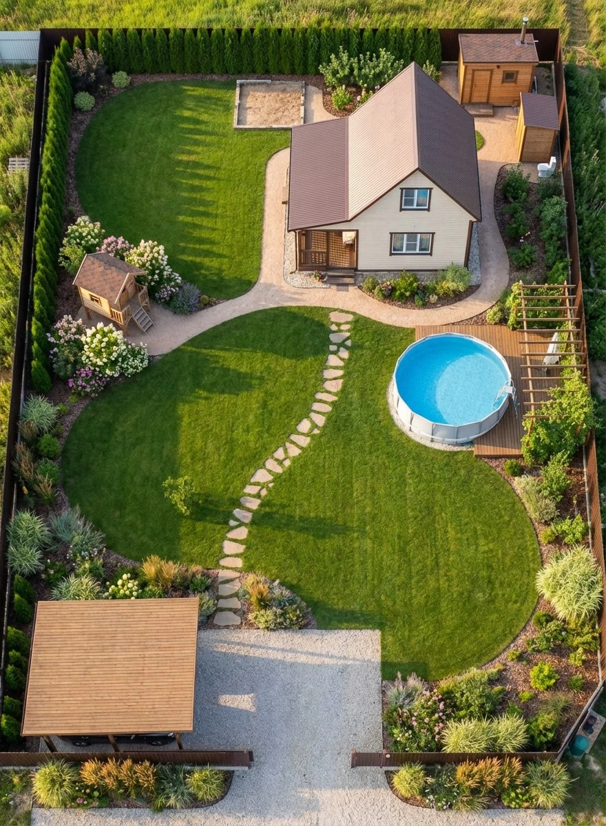AI visualization variant with stepping-stone path, open lawn, and pool near the house