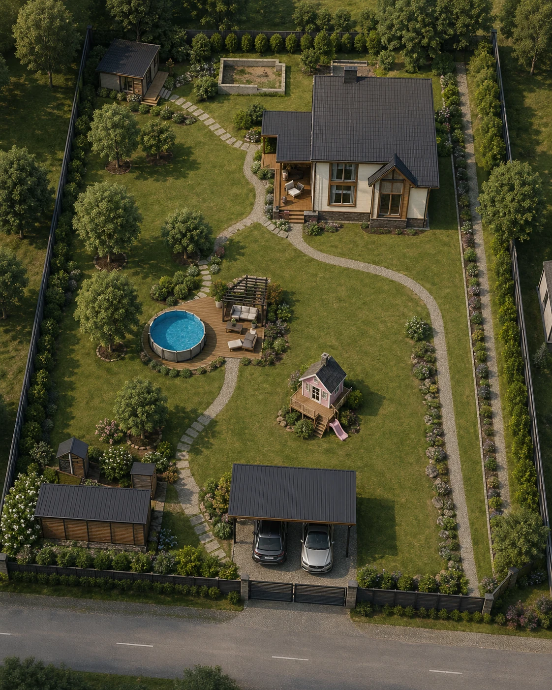 AI visualization variant with aerial site view and balanced garden zones