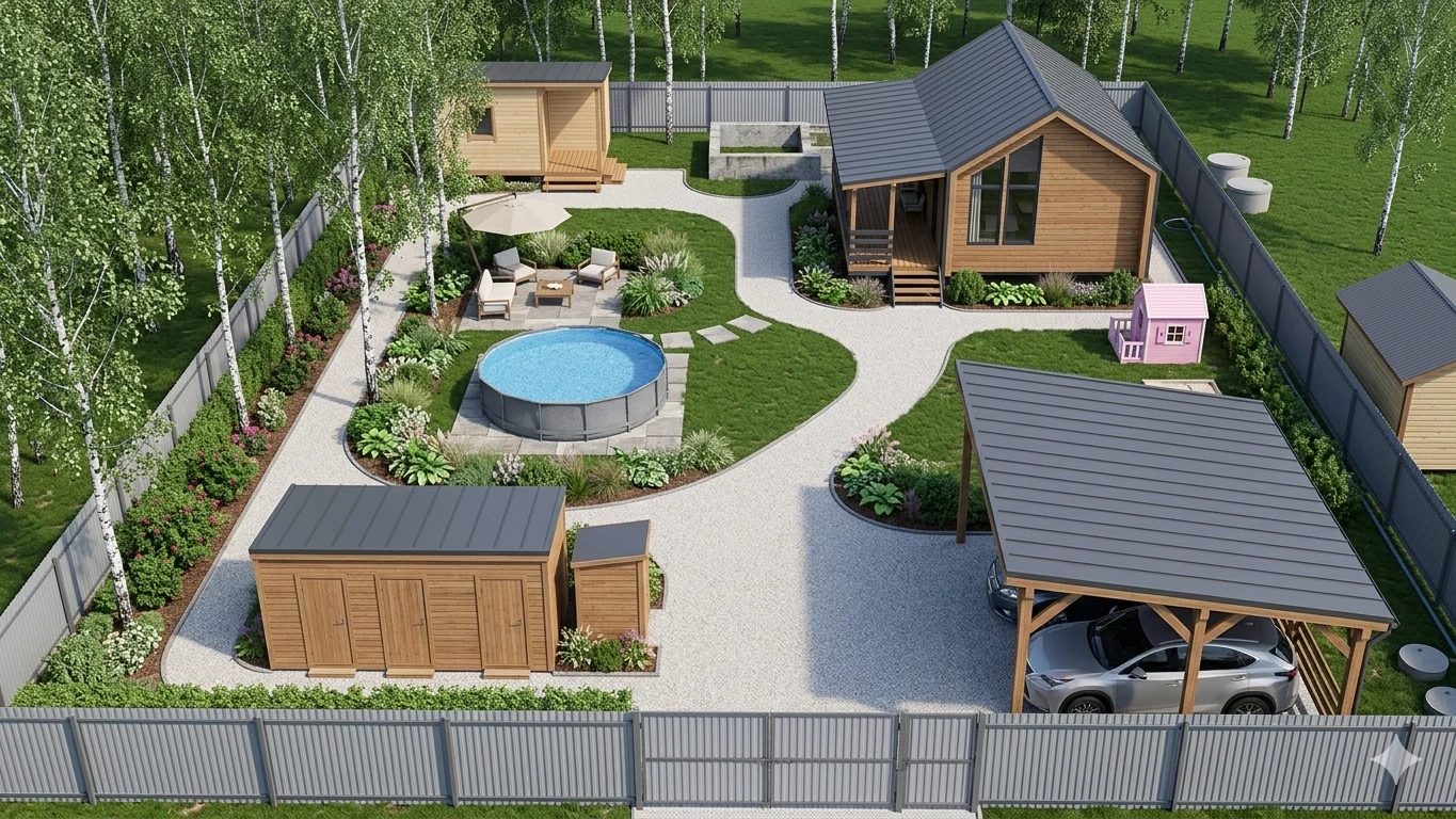 AI visualization variant from street side with driveway, carport, pool, and house
