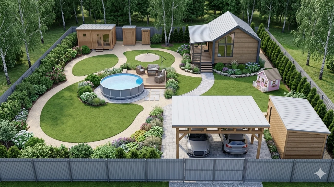 AI visualization variant with carport, pool deck, curved paths, and garden rooms