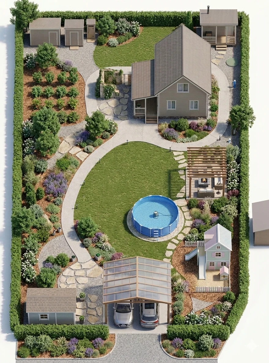AI visualization variant with full site plan, pool, vegetable beds, driveway, and planted border